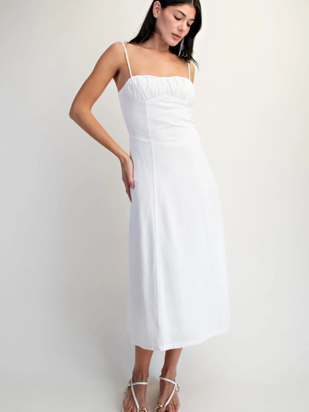White Soft Linen Ruched A Line Midi Dress